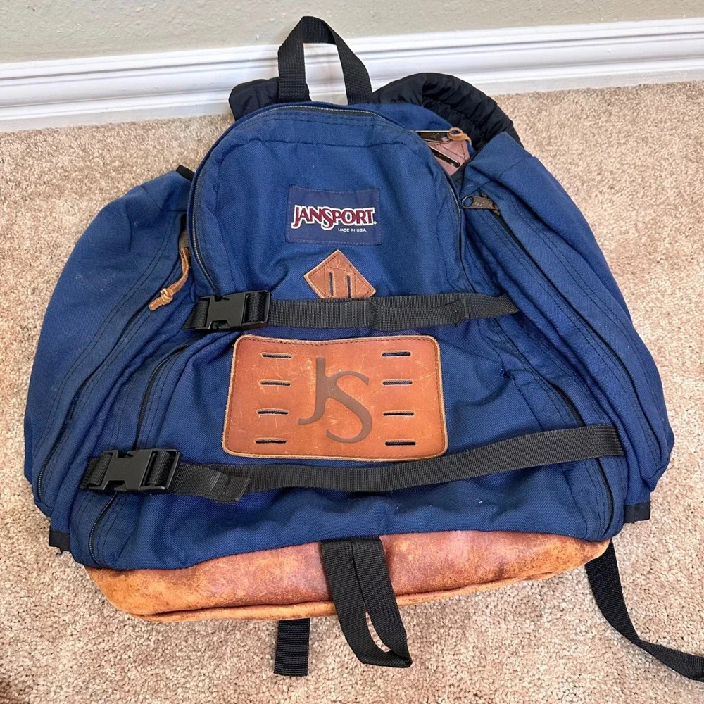 Vintage JanSport Backpack Navy Blue Leather Bottom Made in USA JS Logo Gorpcore